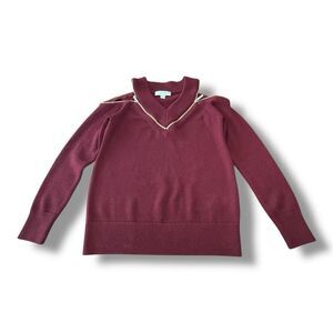 Michael Kors Burgundy V-Neck Sweater Gold Zippers Cut Out Shoulder Women’s XS